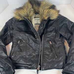 Abercrombie Kids Black Faux Leather Jacket with Removable Faux Fur Collar 7/8